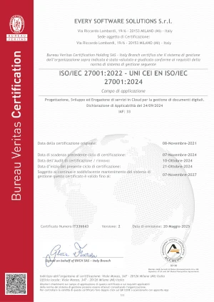 Certificazione ISO/IEC 27001:2022 - UNI CEI EN ISO/IEC 27001:2024: SGSI Progettazione, Sviluppo ed Erogazione di servizi in Cloud per la gestione di documenti digitali -Every SWS