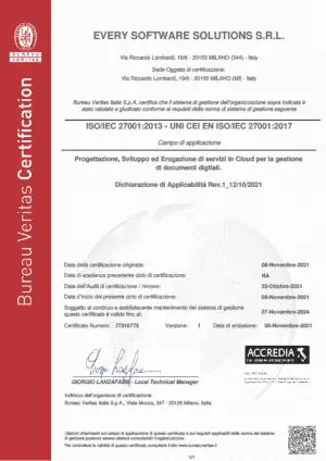 ISO/IEC 27001:2013 certification - UNI CEI EN ISO/IEC 27001:2017: SGSI Design, Development and Delivery of Cloud Services for Digital Document Management -Every SWS